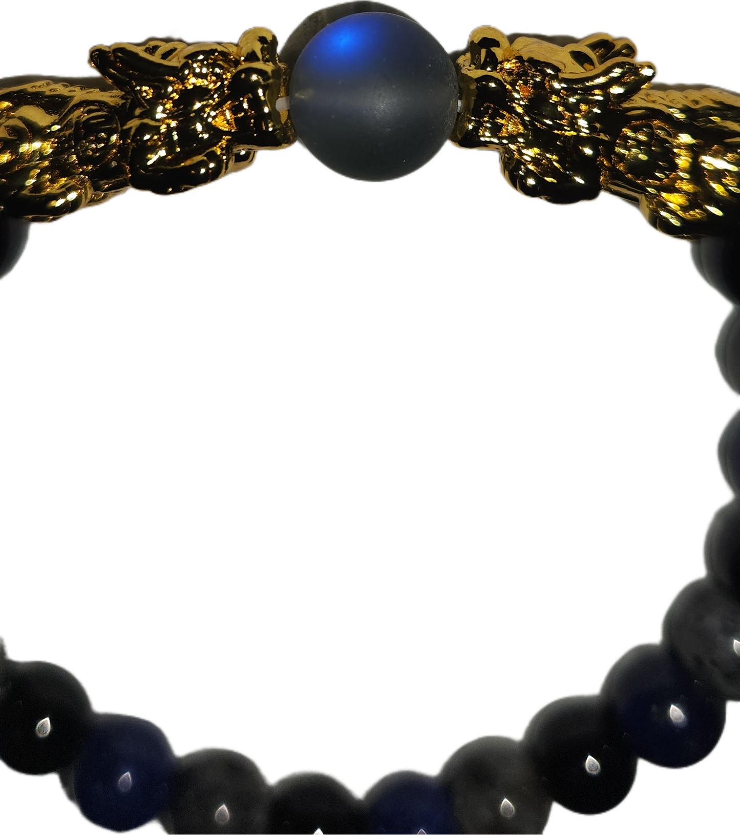 Blue Lapis, Labradorite, and Aura Quartz Bracelet with Gold-Plated Dragon Adornments