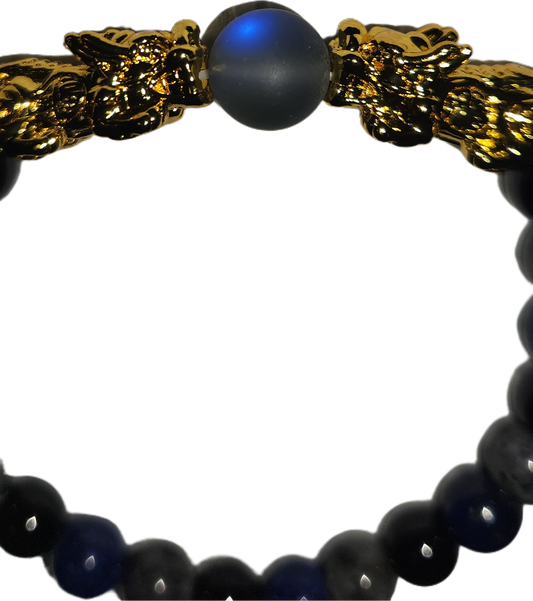 Blue Lapis, Labradorite, and Aura Quartz Bracelet with Gold-Plated Dragon Adornments