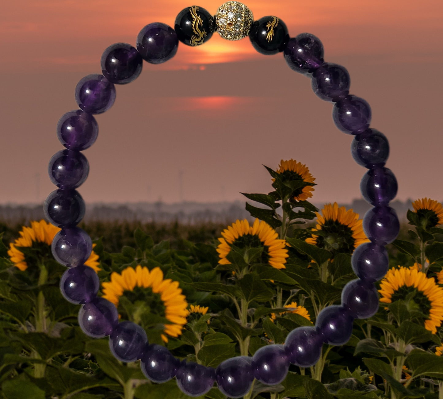 Amethyst & Obsidian Bracelet with 18K Gold-Plated Cubic Zirconia Accents