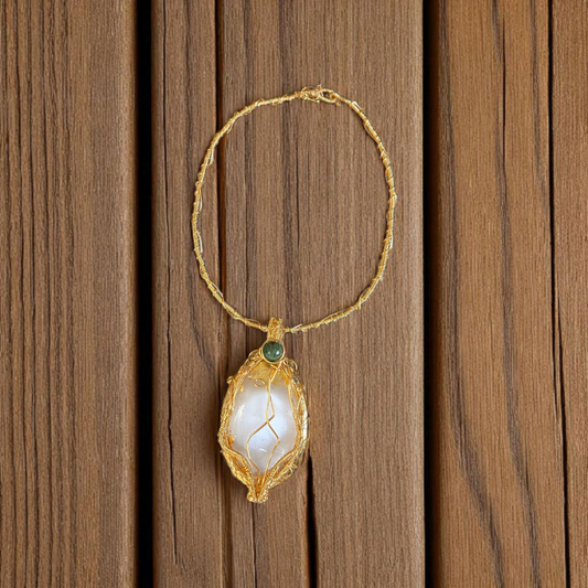 Selenite & African Jade Gold Wire-Wrapped Pendant – Handcrafted, Non-Tarnish Gold Plated Wire