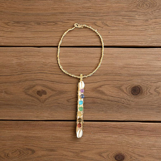 Handcrafted Chakra Healing Wand Pendant – Selenite, Amethyst, Sodalite, Turquoise, Aventurine, Citrine, Tiger Eye, Red Jasper & Cowrie Shell – Gold Wire Wrapped