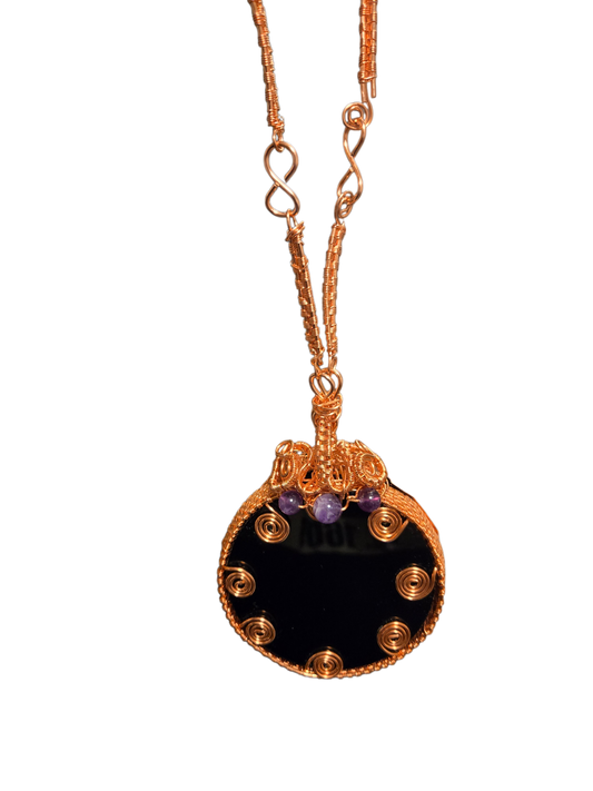 Copper Wire Wrapped Obsidian Black Mirror Necklace – Protective Grounding Crystal Pendant