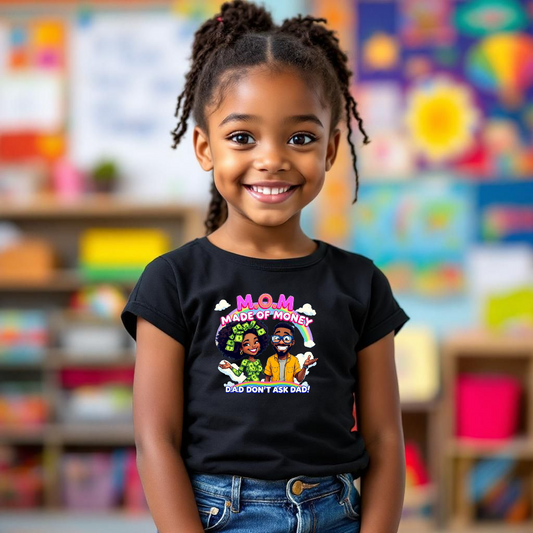 Kids 'M.O.M Made of Money' Graphic Tee, Fun T-Shirt for Kids, Gift for Moms and Dads, Birthday Gift, Casual Everyday Wear