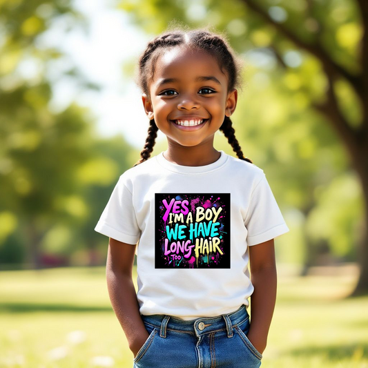 Yes I'm a Boy - Long Hair Kids Tee, Fun Kids T-Shirt, Colorful Graphic Tee, Pride, Self-Expression, Gender Inclusivity