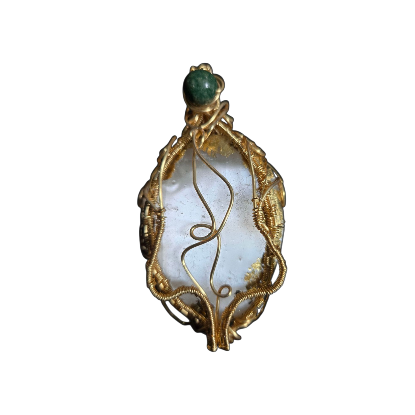 Selenite & African Jade Gold Wire-Wrapped Pendant – Handcrafted, Non-Tarnish Gold Plated Wire