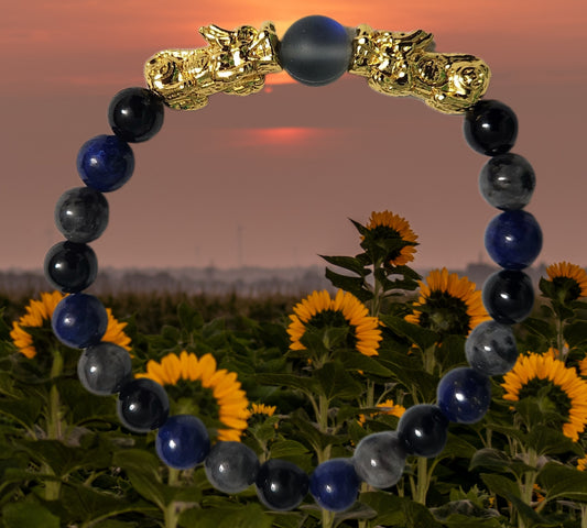 Blue Lapis, Labradorite, and Aura Quartz Bracelet with Gold-Plated Dragon Adornments